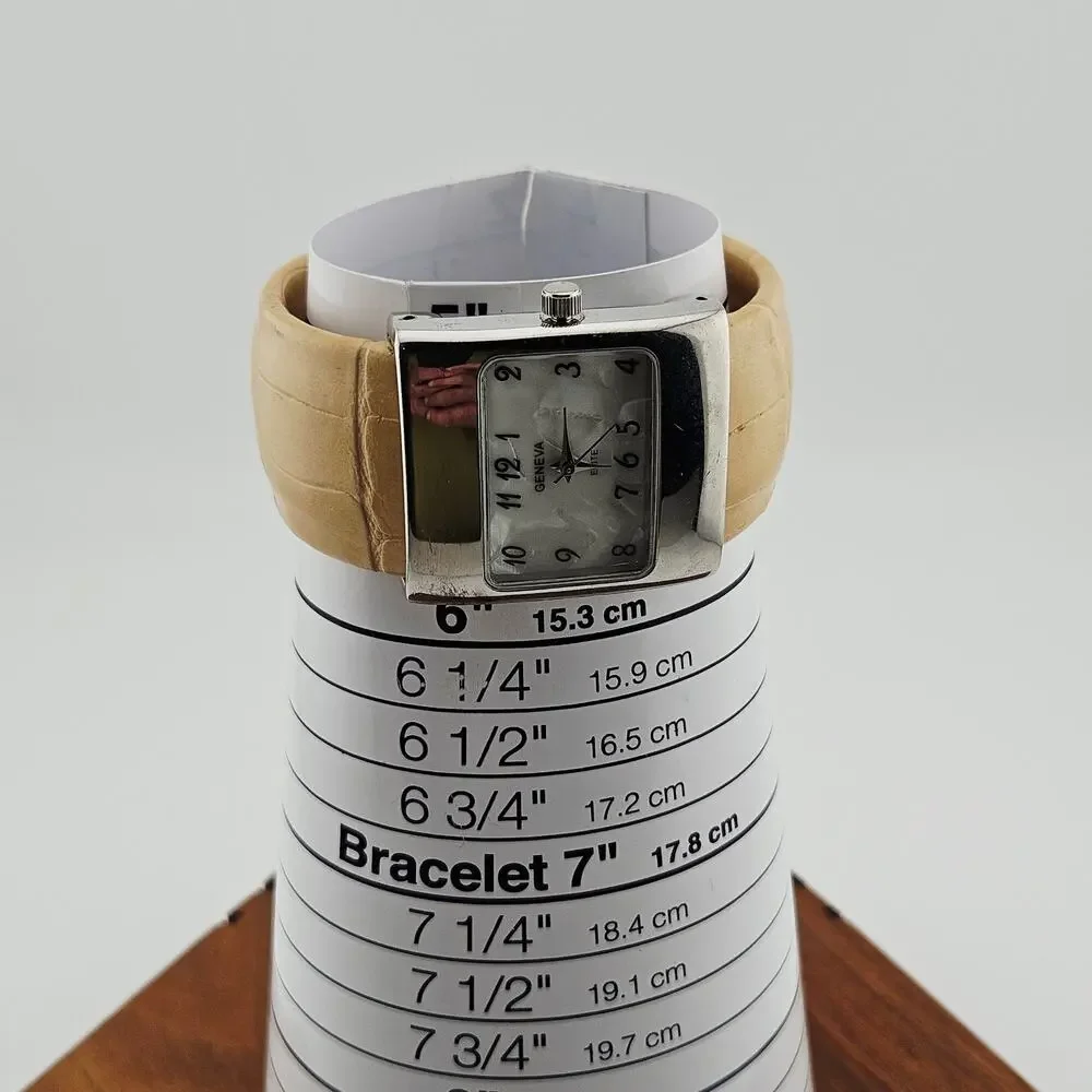 Geneva Elite Women's Cuff Style Bracelet Watch Silver Beige Embossed Old Money